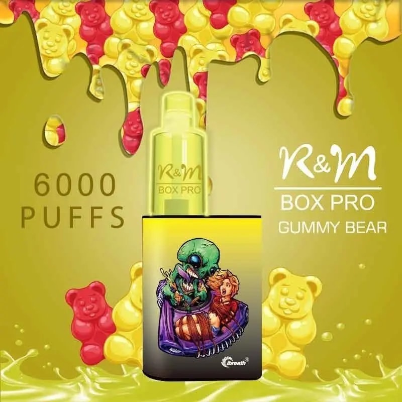 R&M Box Pro vape device with 6000 puffs, gummy bear flavor, featuring a cartoon alien and human graphic on the device, set against a background of dripping gummy bears.