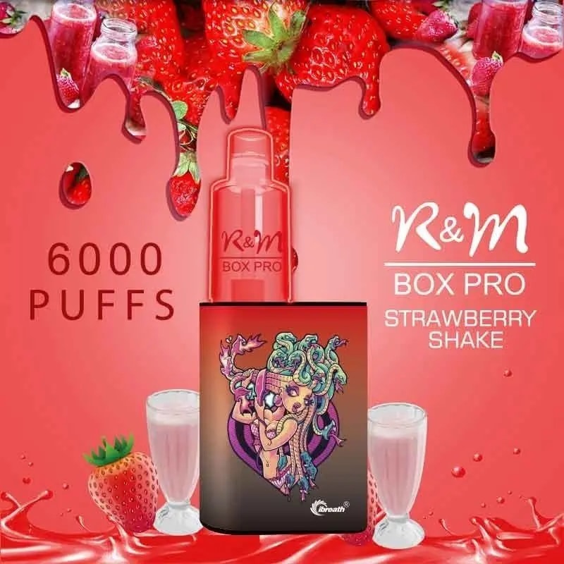 R&M Box Pro vape featuring a strawberry shake flavor with 6000 puffs, illustrated with vibrant red tones, strawberries, milkshake glasses, and a colorful character design.