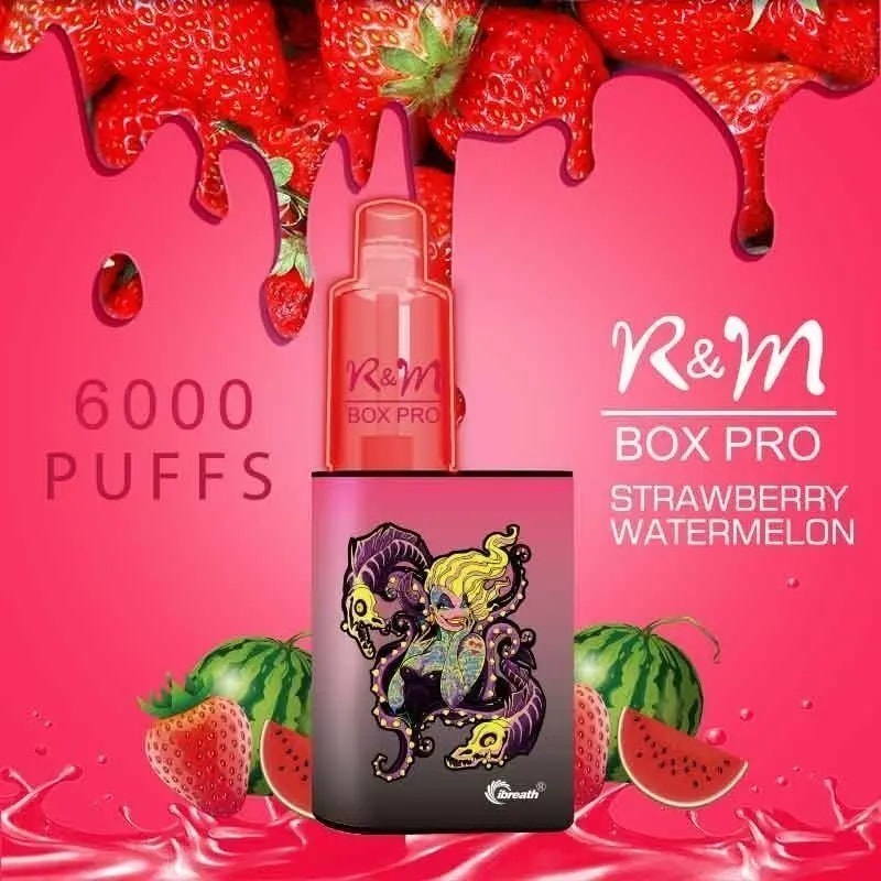 A pink-themed vape device labeled "R&M Box Pro Strawberry Watermelon" with a colorful design, surrounded by strawberries, watermelon slices, and dripping red liquid, advertising "6000 puffs."