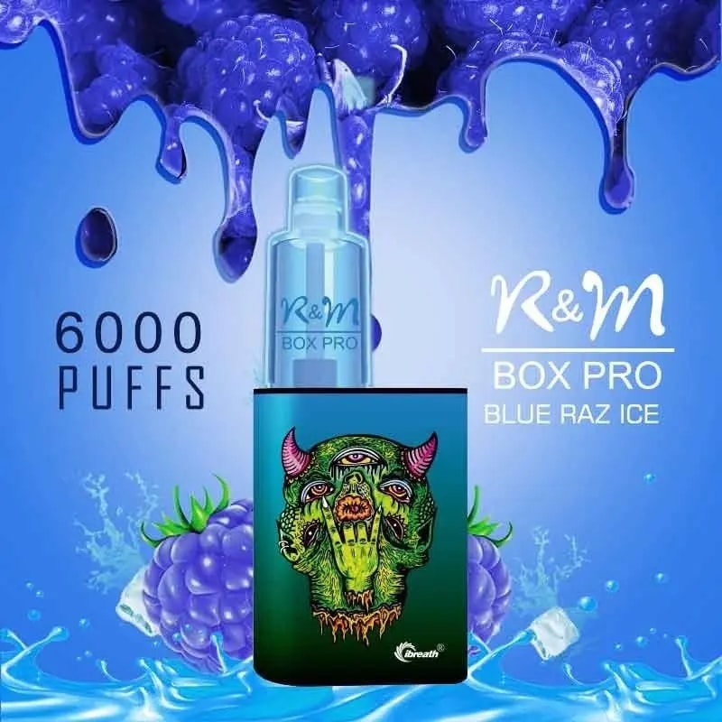 "R&M Box Pro vape device with 6000 puffs, Blue Raz Ice flavor, featuring a vibrant green multi-eyed demon illustration on a blue background with raspberries and ice cubes."