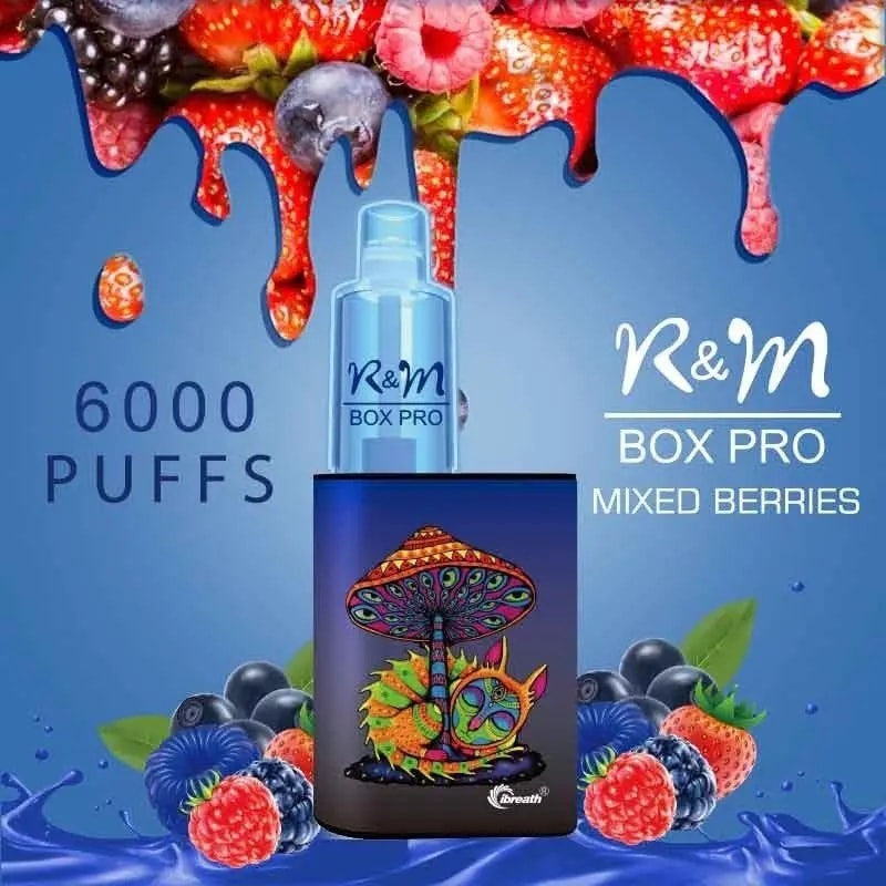 R&M Box Pro vape device with 6000 puffs, mixed berries flavor, featuring a colorful mushroom and animal graphic, set against a background of dripping berries.