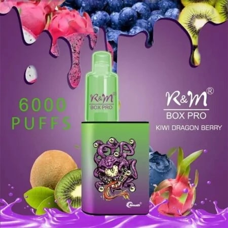 Vape desechable R&M Box Pro con 6000 bocanadas en sabor Kiwi Dragon Berry, presenta un diseño verde y morado con una ilustración de monstruo y acentos frutales sobre un fondo morado.