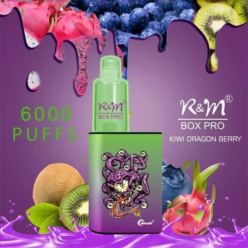 R&M Box Pro disposable vape with 6000 puffs in Kiwi Dragon Berry flavor, featuring a green and purple design with a monster illustration and fruit accents on a purple background.
