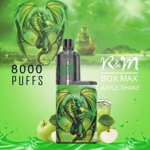 "R&M Box Max Apple Shake disposable vape device with 8000 puffs, featuring a green dragon design, surrounded by apples, apple juice, and a green fantasy-themed background with a ship."