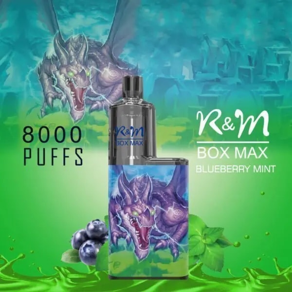 A vape device labeled "R&M Box Max Blueberry Mint 8000 Puffs" featuring a dragon illustration, with a vibrant background of mint leaves, blueberries, and a mystical blue-green setting.