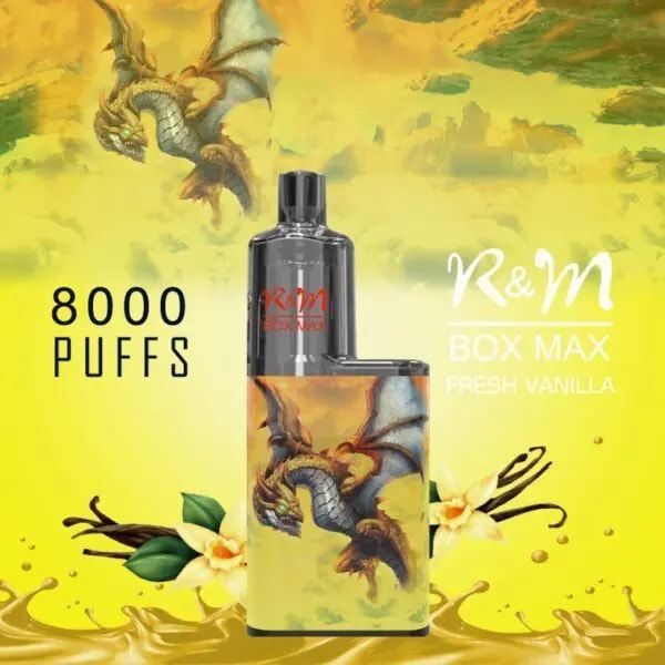 R&M Box Max vape device featuring a dragon design, "8000 Puffs" text, and "Fresh Vanilla" flavor, with a yellow background and vanilla flower graphics.