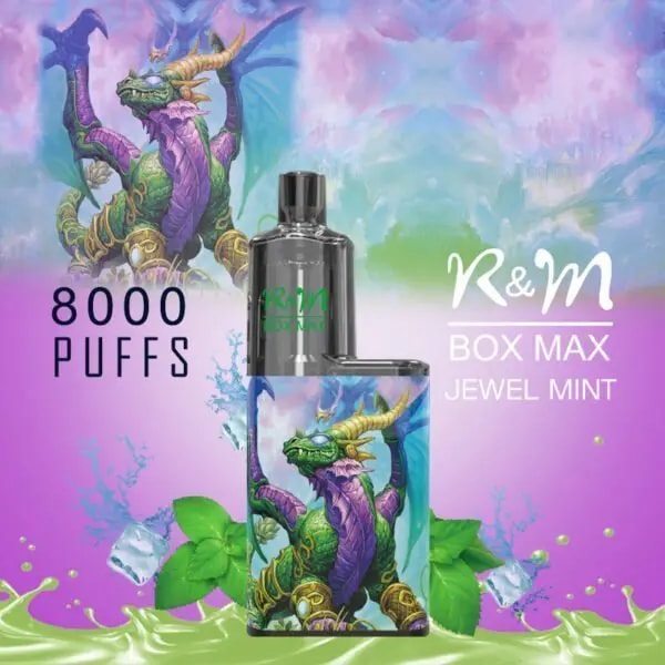 A colorful vape device featuring a dragon design, labeled "R&M Box Max Jewel Mint" with "8000 Puffs" written in bold.