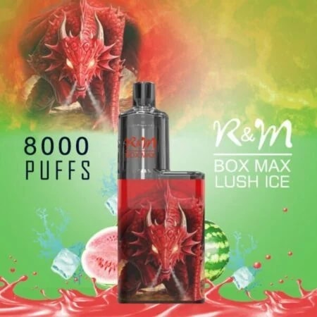 En vape-enhet märkt "R&M Box Max Lush Ice" med en röd drakdesign, omgiven av bilder av vattenmelon, isbitar och röd vätska, tillsammans med text som säger "8000 PUFFS".