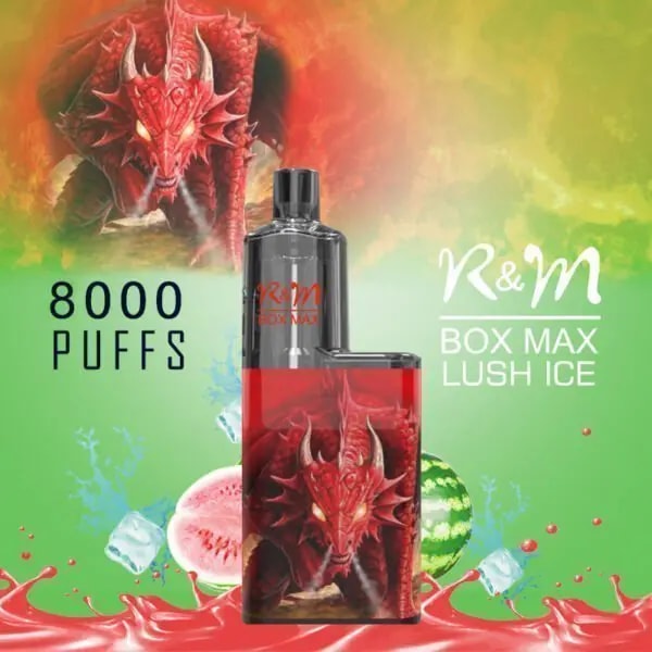 A vape device labeled "R&M Box Max Lush Ice" with a red dragon design, surrounded by imagery of watermelon, ice cubes, and red liquid, alongside text stating "8000 PUFFS."