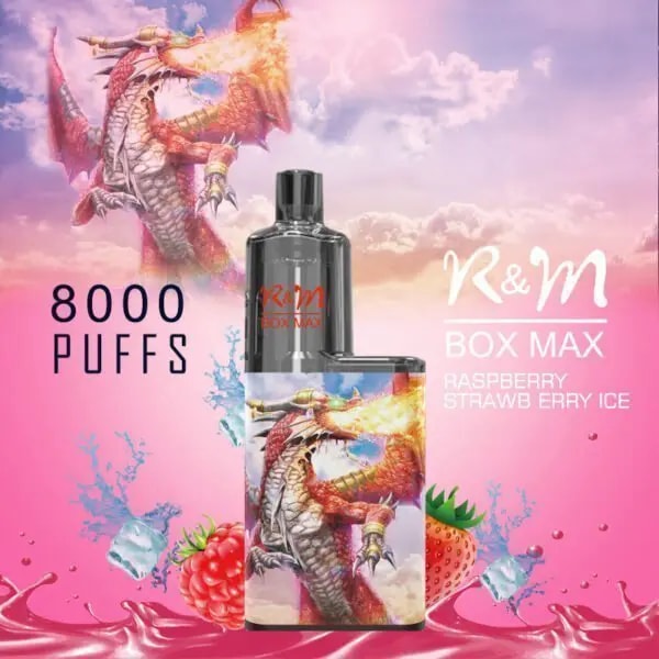 A colorful vape device featuring a dragon design with the text "8000 puffs," "R&M Box Max," and "Raspberry Strawberry Ice" displayed against a pink background with ice, strawberries, and raspberries.