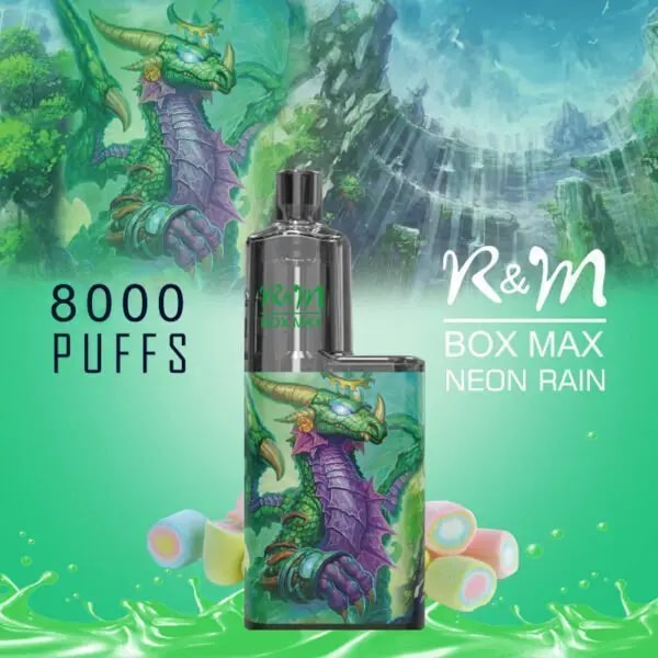 Green-themed promotional image for the R&M Box Max Neon Rain vape, featuring a detailed dragon illustration on the device, "8000 puffs" text, and a lush forest background with marshmallow elements.