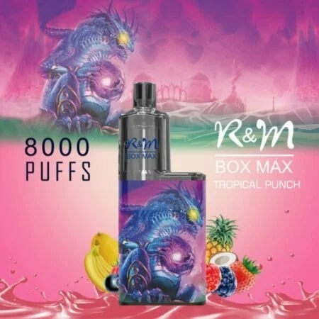 En färgglad vape-enhet med en design med draktema, märkt "R&M Box Max Tropical Punch", med 8000 puffar och illustrationer av tropiska frukter i bakgrunden.