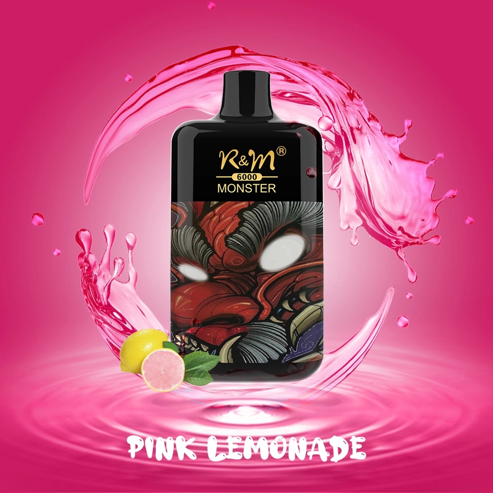 A "R&M Monster 6000" vape with a vibrant red demon design, surrounded by pink lemonade splashes, featuring the flavor name "Pink Lemonade" at the bottom.