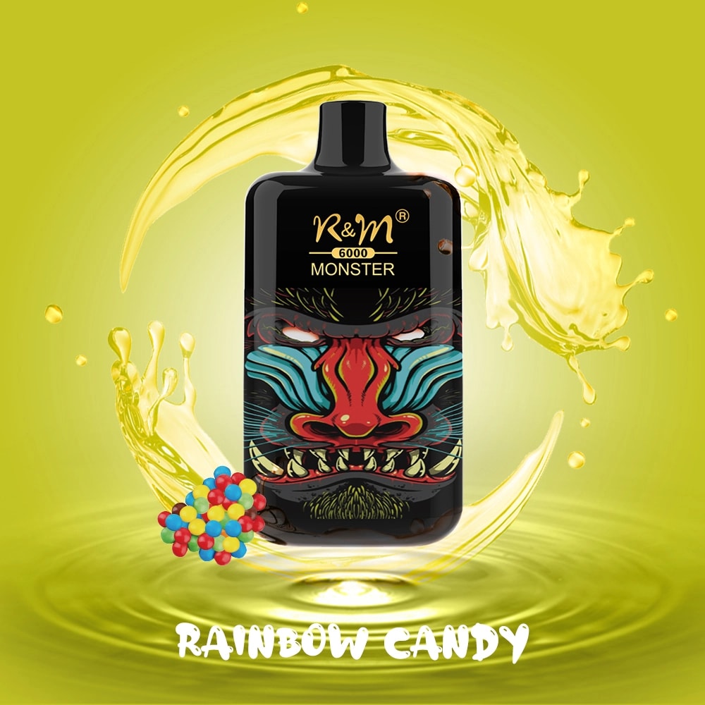 R&M Monster vape device with a colorful beast face design, "6000" puff text, and "Rainbow Candy" flavor, set against a yellow background with candy and liquid splash elements.