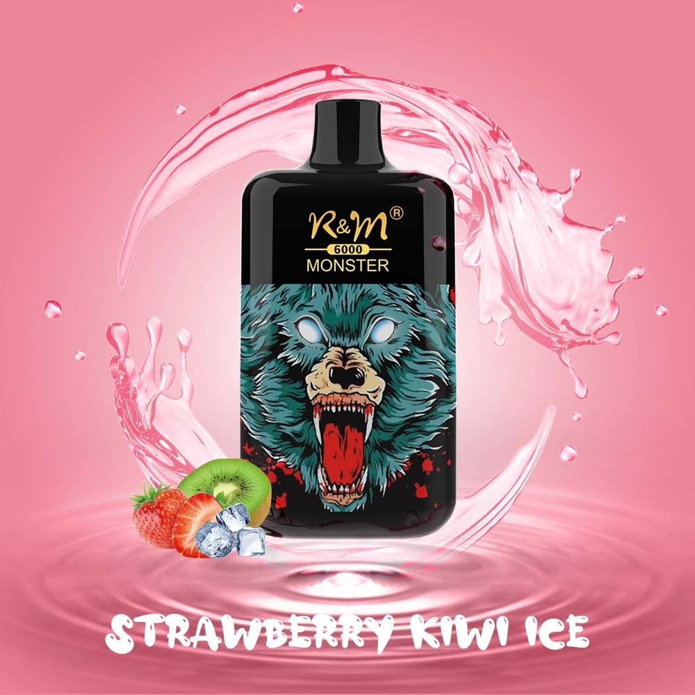A black disposable vape device labeled "R&M 6000 Monster" with a fierce wolf design, surrounded by pink liquid splash graphics, strawberries, kiwi, and ice cubes, against a pink background.