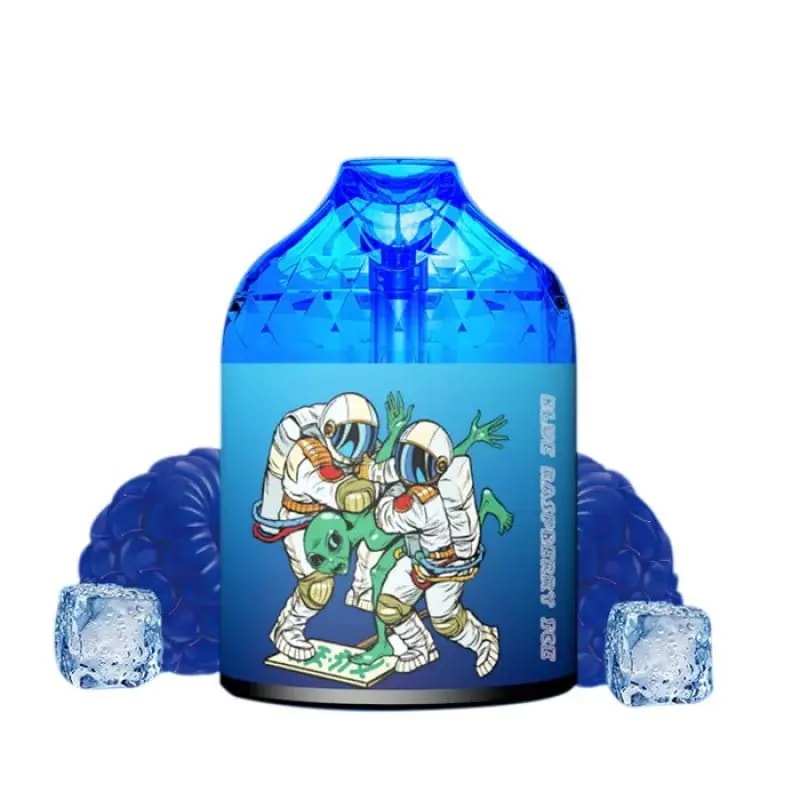 Blue disposable vape labeled "Blue Raspberry Ice" featuring a design with astronauts and an alien, surrounded by raspberries and ice cubes.