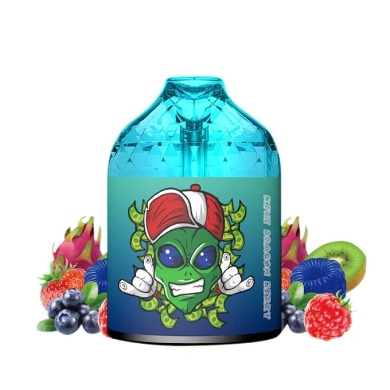 A blue vape device featuring an illustration of a grinning green alien wearing a red and white cap, surrounded by dollar bills, with a background of mixed fruits including dragon fruit, kiwi, raspberries, blueberries, and strawberries.