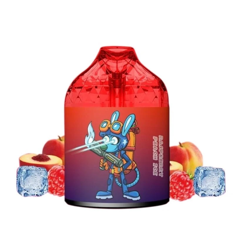 Red disposable vape device featuring a cartoon blue rodent character with goggles and a laser, surrounded by ice cubes, raspberries, peaches, and apples.