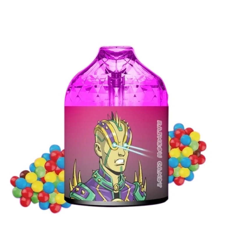 A colorful vape device with a pink top and artwork of a futuristic character shooting laser beams from their eyes, labeled "Rainbow Candy," surrounded by multicolored candy spheres.
