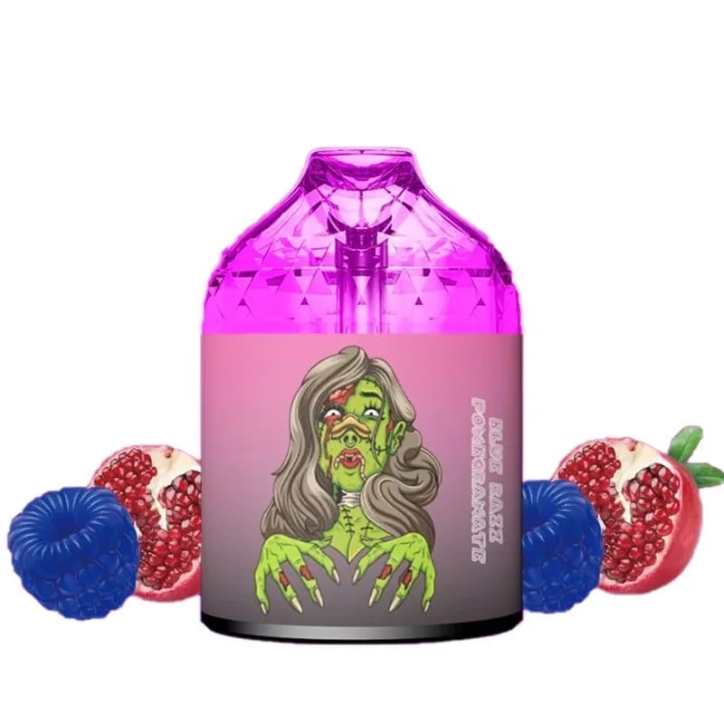A brightly colored vape device with a zombie-themed design, labeled "Blue Razz Pomegranate," surrounded by illustrations of blue raspberries and pomegranates.