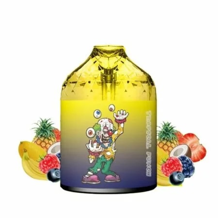 Un dispositivo de vapeo amarillo con un gráfico de payaso etiquetado "Tropical Punch", rodeado de frutas tropicales como piña, plátano, fresa y bayas.
