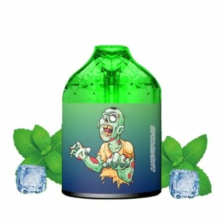 Un dispositivo de vapeo verde con un gráfico de un zombi en la parte delantera, con la etiqueta "Spearmint", rodeado de hojas de menta y cubitos de hielo.