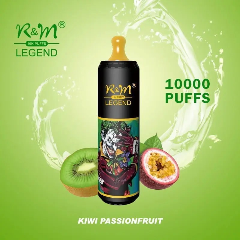 Vaporizzatore usa e getta K&M Legend da 10.000 boccate, al gusto di kiwi e frutto della passione, decorato con illustrazioni e immagini di frutta su sfondo verde.