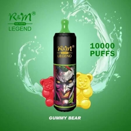 Engångsapparat med grönt tema och varumärket "R&M Legend", med en färgglad clowndesign, illustrationer av gummibjörnar och texten "10 000 PUFFS".