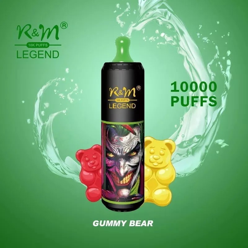 Dispositivo da svapo usa e getta a tema verde con marchio "R&M Legend", caratterizzato da un colorato disegno di clown, illustrazioni di orsetti gommosi e testo "10.000 PUFFS".