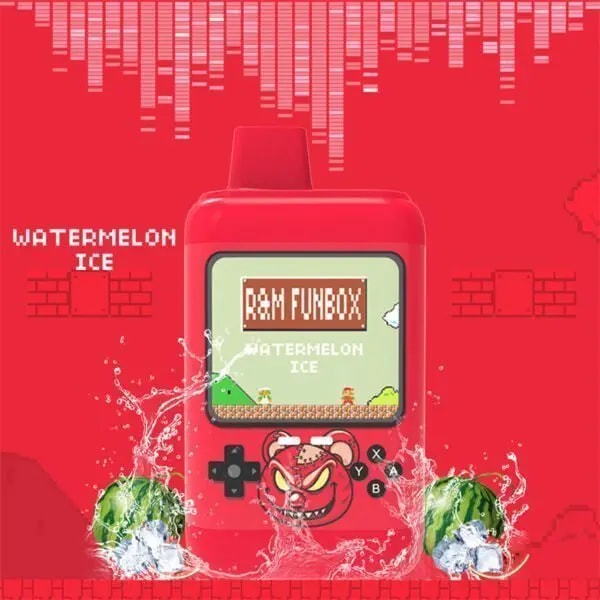 Red R&M Funbox vape device with a retro gaming design, featuring "Watermelon Ice" flavor text, pixelated graphics, and splashing watermelons with ice cubes on a red background.