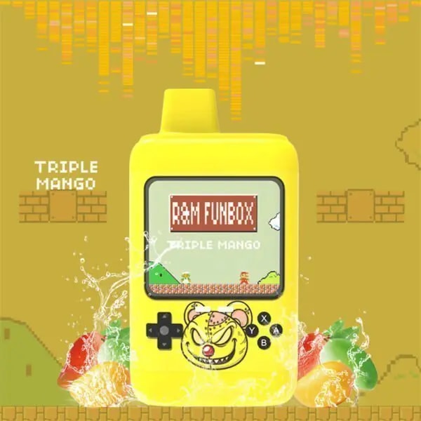 Yellow gaming-themed vape device labeled "R&M Funbox Triple Mango," featuring a retro game screen design, a cartoon bear face, and splashing fruit elements with a pixelated background.