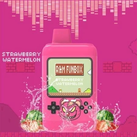 Vapeador desechable Funbox de R&M en sabor Sandía Fresa, diseñado como una consola de juegos retro rosa con vibrantes gráficos de frutas y salpicaduras sobre un fondo pixelado.