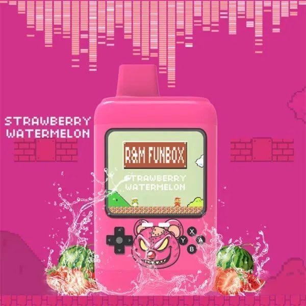 R&M Funbox disposable vape in Strawberry Watermelon flavor, designed as a pink retro game console with vibrant fruit and splash graphics on a pixelated background.