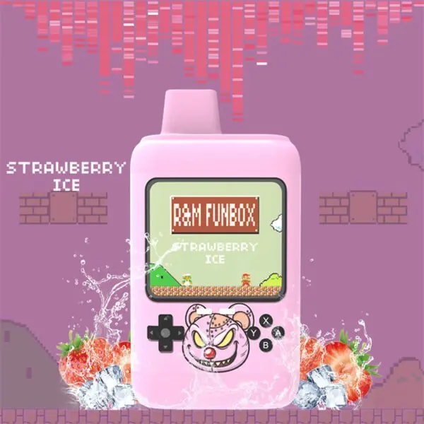 A pink "R&M Funbox" vape designed like a retro game console, featuring the flavor "Strawberry Ice" with strawberries, ice cubes, and a playful cartoon bear illustration on a pixelated background.