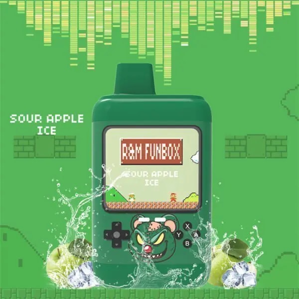 A green vape device labeled "R&M Funbox Sour Apple Ice" with a retro gaming console design, featuring a cartoon bear and surrounded by splashes of water, ice cubes, and green apples, set against a pixelated video game background.