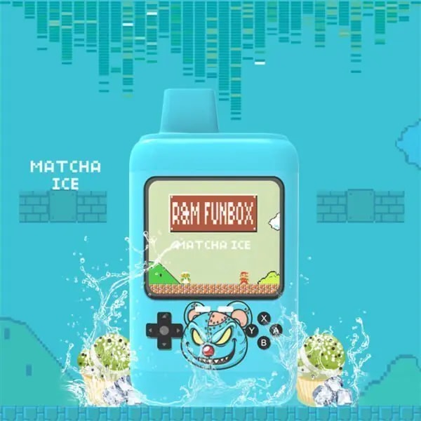 A blue vape device labeled "R&M Funbox Matcha Ice" with a retro gaming console design, featuring a cartoon bear and surrounded by splashes of water, ice cubes, and matcha desserts, set against a pixelated video game background.