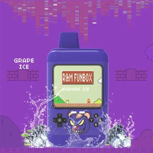 A purple vape device labeled "R&M Funbox" with a retro gaming screen displaying "Grape Ice," surrounded by splashes of water and icy grapes against a pixelated purple background.