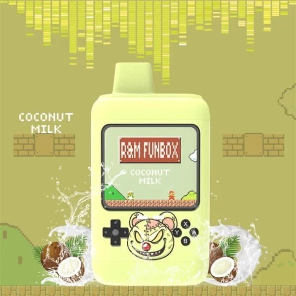 A yellow portable device resembling a retro gaming console with the text "R&M FUNBOX Coconut Milk" displayed on its screen, surrounded by splashes of coconut milk and coconut halves on a pixelated background.
