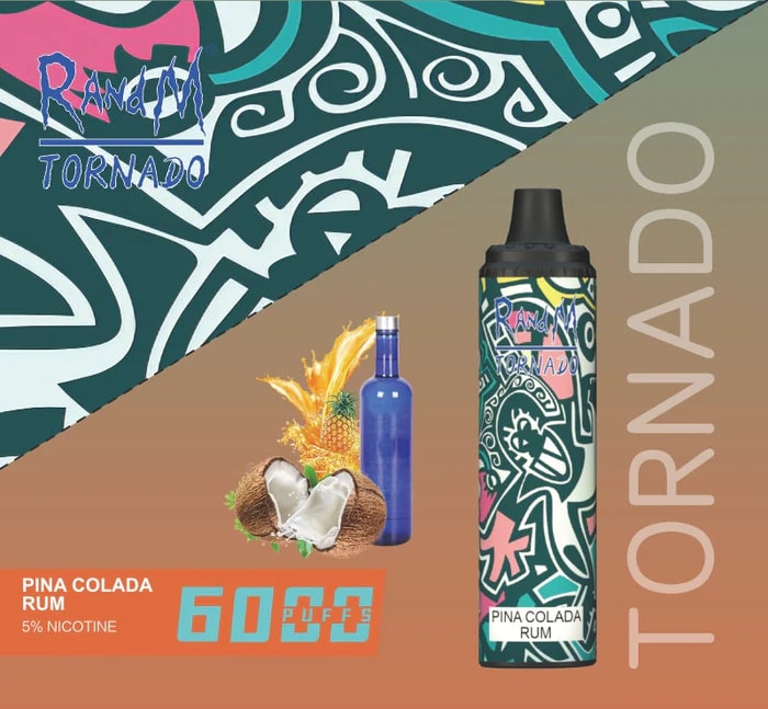 R och M Tornado engångsvape med Pina Colada Rum-smak med 6000 puffar, 5% nikotin och tropiska bilder inklusive kokosnöt, ananas och en blå flaska på en dekorativ bakgrund.