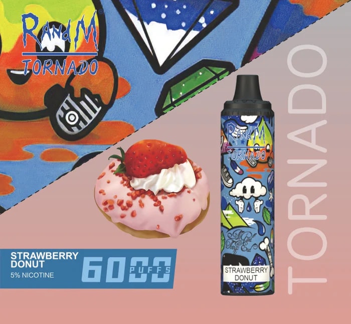 R&M Tornado vape-enhet med 6000 puffar i Strawberry Donut-smak, med en färgstark tecknad design och en skildring av en jordgubbsmunk.