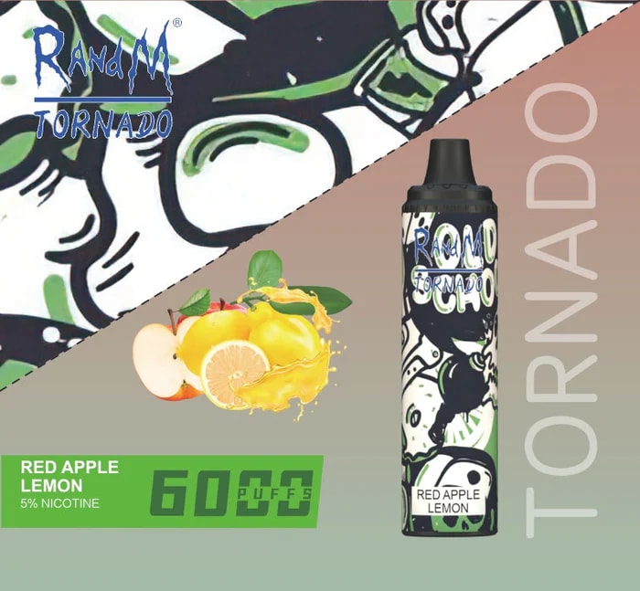 En engångsvape-enhet märkt "RandM Tornado" med en citronsmak av rött äpple, 6000 puffar och 5% nikotin, med en livlig design i tecknad stil på förpackningen.