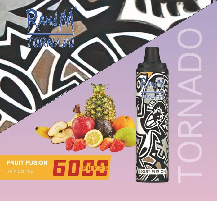 Reklambild av R och M Tornado vape med en "Fruit Fusion" smak, 6000 puffar, 5% nikotin, med ett färgstarkt fruktsortiment och stiliserad förpackningsdesign.