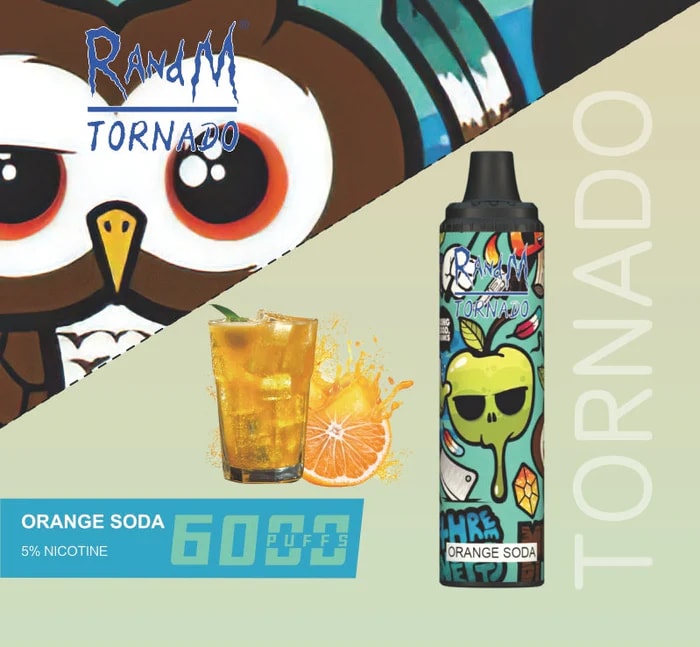 En färgglad vape-enhet märkt "R och M Tornado" med en äppelskalledesign, ett glas apelsinläsk och text som indikerar "Orange Soda", "6000 puffar" och "5% nikotin" mot en delad grön bakgrund med uggletema .