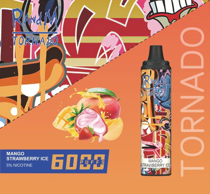 Vapeapparat för engångsbruk med färgglada konstverk i graffitistil, märkt "Random Tornado", med bilder av mango, jordgubbar och glass, smak av "Mango Strawberry Ice", 6000 puffar och 5% nikotintext på orange bakgrund.