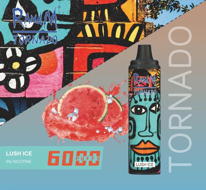En vape-enhet märkt "R&M Tornado" med färgglad abstrakt konst, med "Lush Ice"-smak, 6000 puffar och 5% nikotin, som visas tillsammans med vattenmelonskivor och isbitar på en livfull bakgrund.