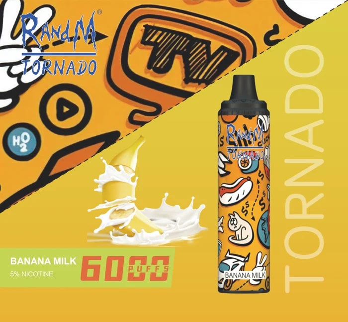En färgstark vapeapparat för engångsbruk märkt "RandM Tornado Banana Milk" med 6000 puffar och 5% nikotin, med en lekfull design och en bananmjölksgrafik.