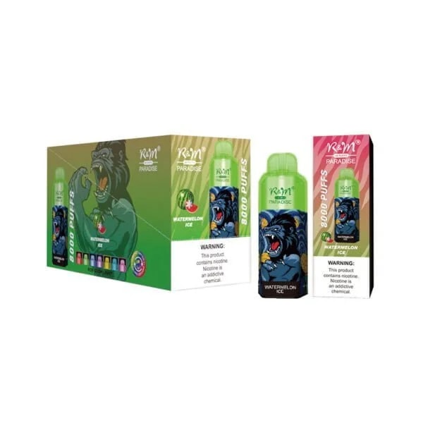 A boxed set and individual packaging of R&M Paradise disposable vape with "Watermelon Ice" flavor, featuring 8000 puffs and a graphic of a roaring gorilla.