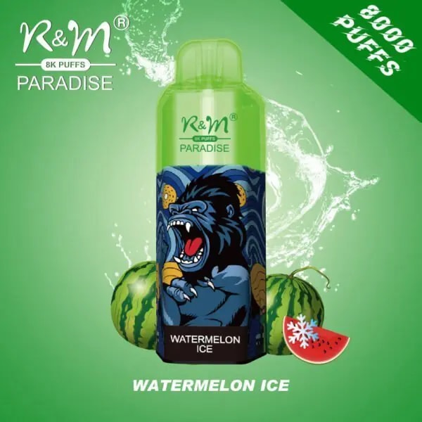 A green vape device labeled "R&M Paradise" with a gorilla illustration, featuring "Watermelon Ice" flavor, 8000 puffs, and surrounded by watermelons and splashes of water on a green background.