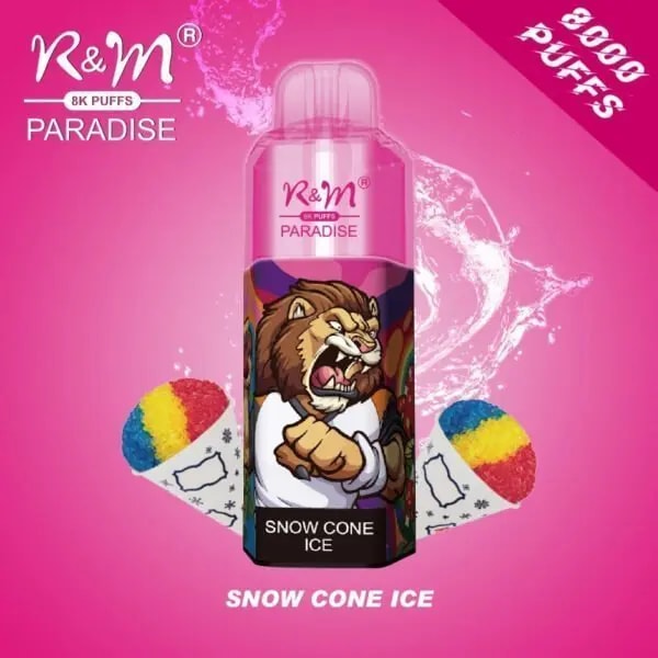 R&M Paradise 8000 Puffs vape with "Snow Cone Ice" flavor, featuring colorful snow cone illustrations and a lion graphic on a pink background.