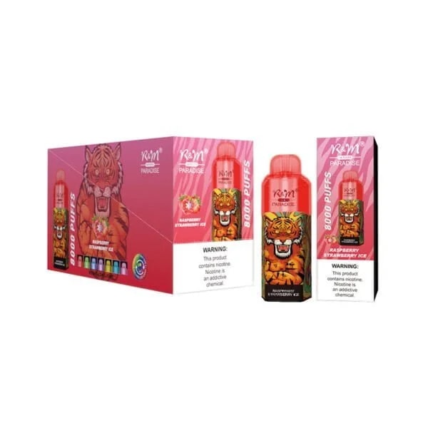 A box and two individual R&M Paradise vape devices featuring a tiger graphic, labeled "8000 Puffs" with a raspberry strawberry ice flavor.